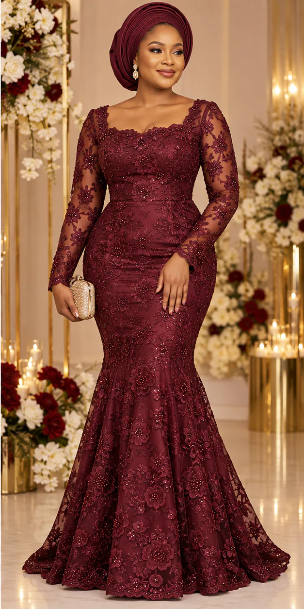 Wedding guest in a wine beaded lace gown